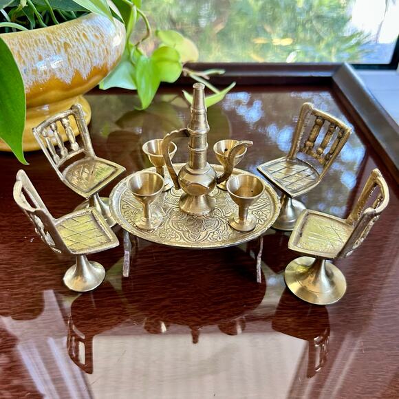 Vintage Brass Maharaja Dining Table Chair Set Showpiece – Intricate Miniatures - Picture 1 of 16